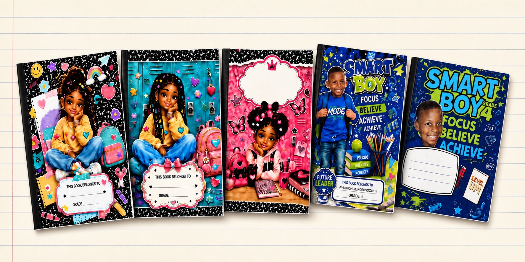 Five personalized composition book cover designs