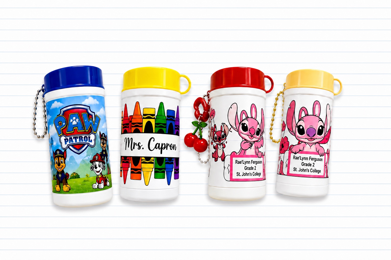 Four personalized mini wet wipes keychain canisters