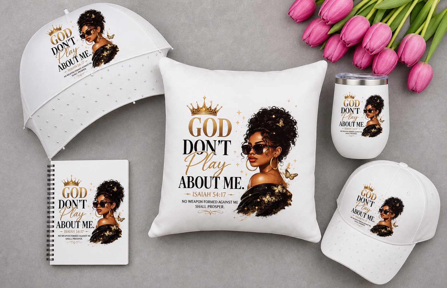 Sacred Expressions faith collection with umbrella, pillow, journal, tumbler, and cap