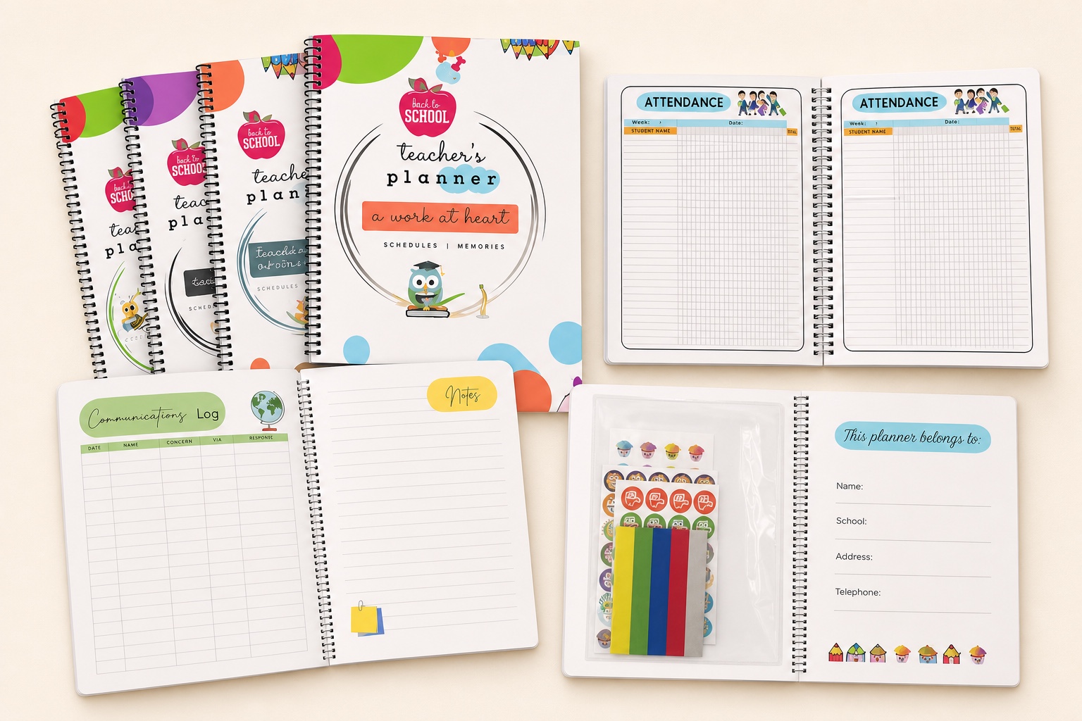 Teacher planners with attendance, communication log, notes, stickers, and information pages
